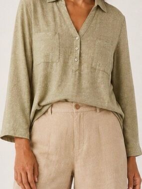 Relaxed 100% Linen V-Neck Long Sleeve Top, Sage Green, Chicos XL
